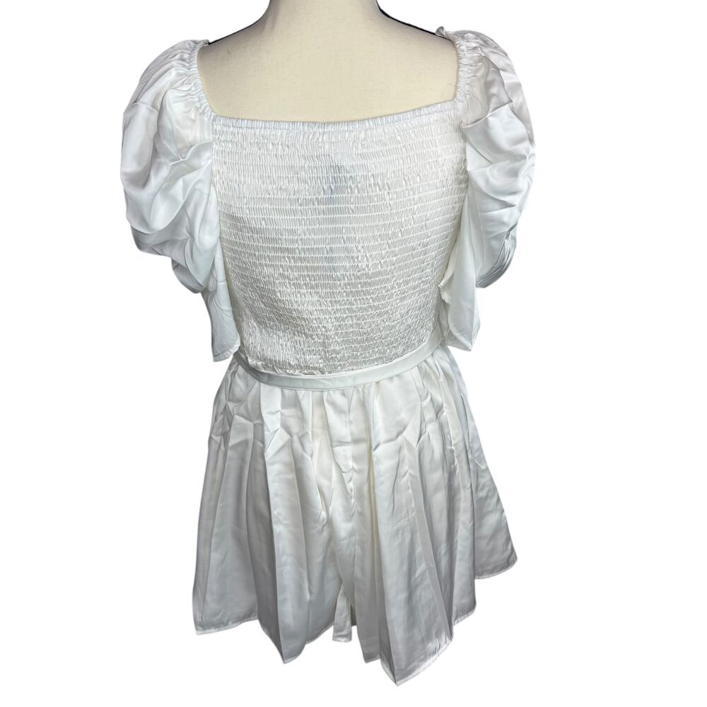 Mustard Seed White Satin Mini Dress Small Puff Sleeve Ruched Tie Cottagecore NWT - Picture 5 of 8